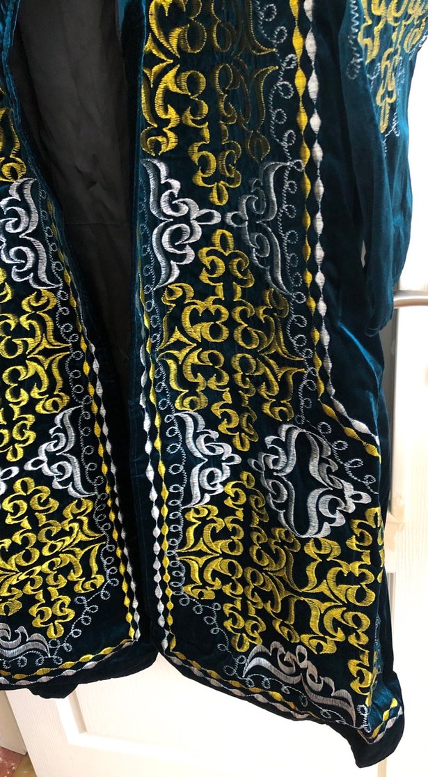 Geleneksel Uzun Kollu Mavi Kadife Nakışlı Elbise - Görsel 3