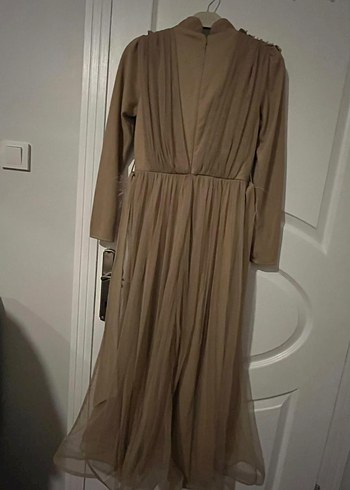 Bej İşlemeli Uzun Abiye Elbise - Görsel 4