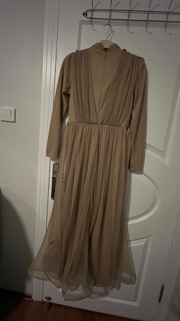 Bej İşlemeli Uzun Abiye Elbise - Görsel 4