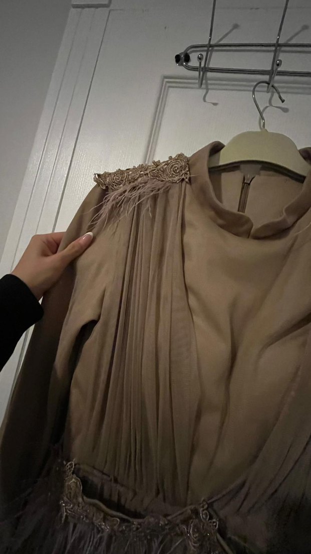 Bej İşlemeli Uzun Abiye Elbise - Görsel 3