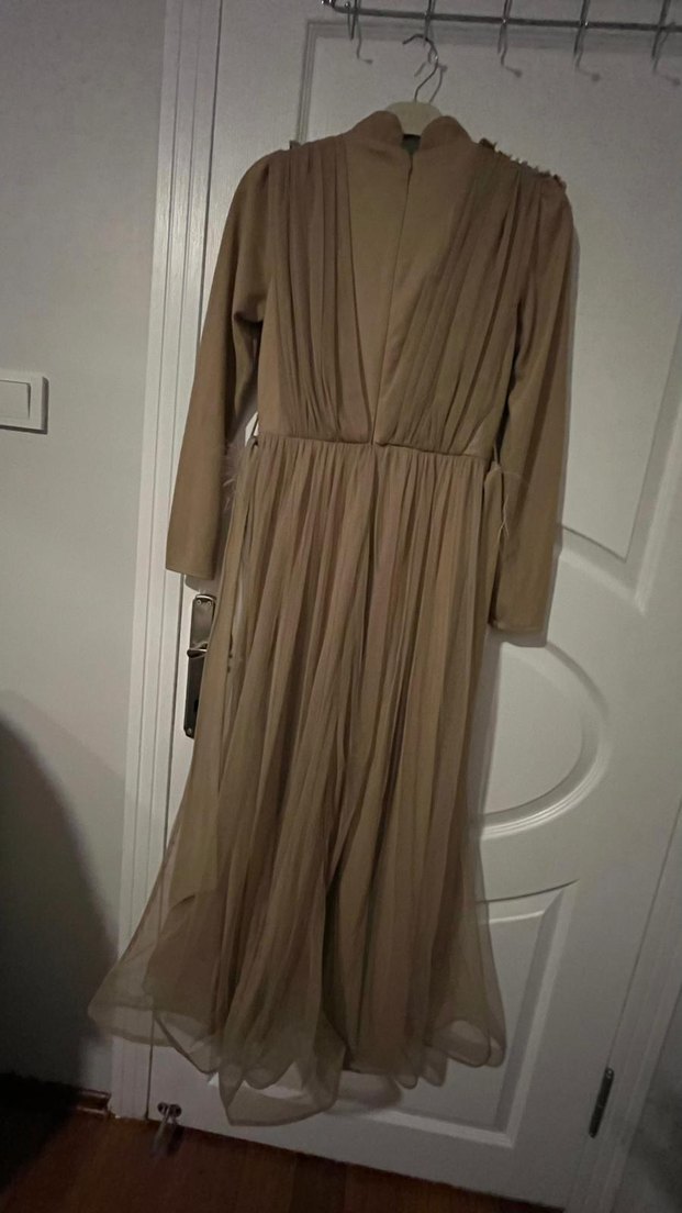 Bej İşlemeli Uzun Abiye Elbise - Görsel 5