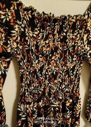 Uzun Kollu Kahverengi Desenli Bohem Elbise - Görsel 3