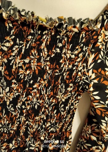 Uzun Kollu Kahverengi Desenli Bohem Elbise - Görsel 2