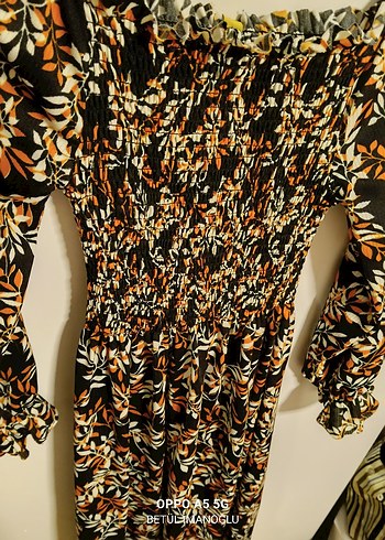 Uzun Kollu Kahverengi Desenli Bohem Elbise - Görsel 4