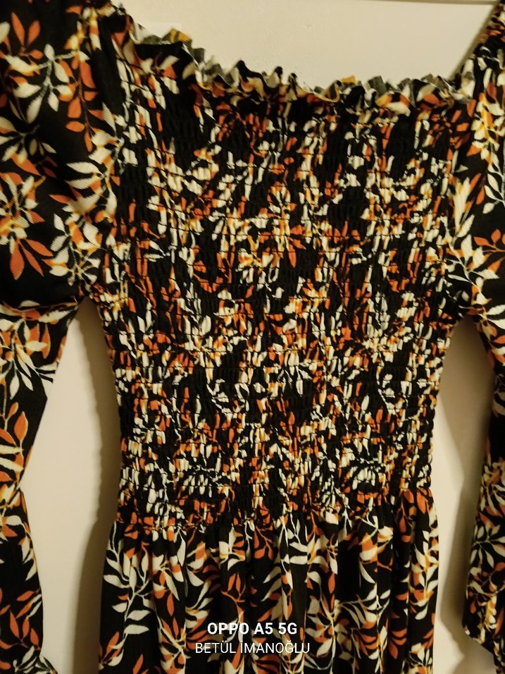 Uzun Kollu Kahverengi Desenli Bohem Elbise - Görsel 3