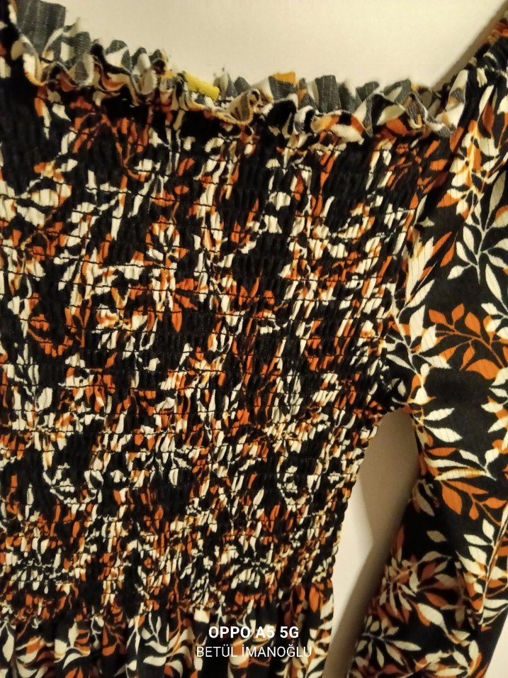 Uzun Kollu Kahverengi Desenli Bohem Elbise - Görsel 2