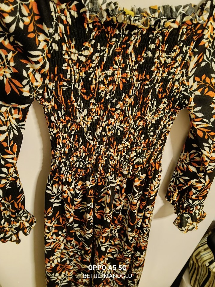 Uzun Kollu Kahverengi Desenli Bohem Elbise - Görsel 4