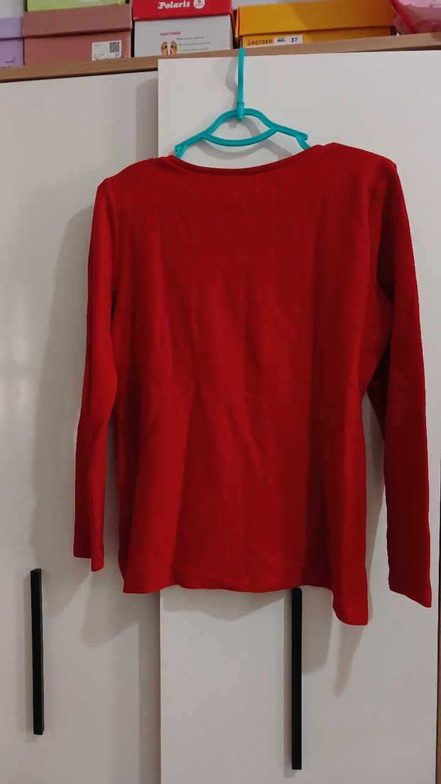 Kırmızı Uzun Kollu Baskılı Pamuklu Kazak - Görsel 2