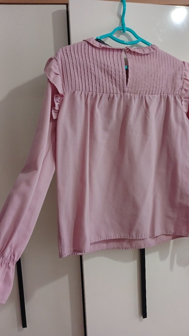 Pembe Fırfırlı Uzun Kollu Kadın Bluz - Görsel 2