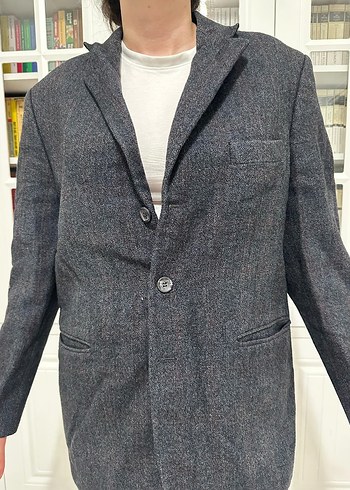 Vintage Düğmeli Gri Midi Yün Blazer Ceket - Görsel 3