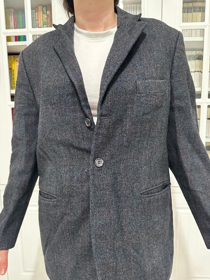 Vintage Düğmeli Gri Midi Yün Blazer Ceket - Görsel 3