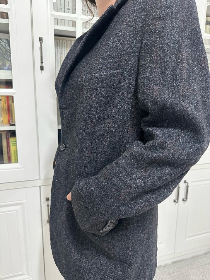 Vintage Düğmeli Gri Midi Yün Blazer Ceket - Görsel 2