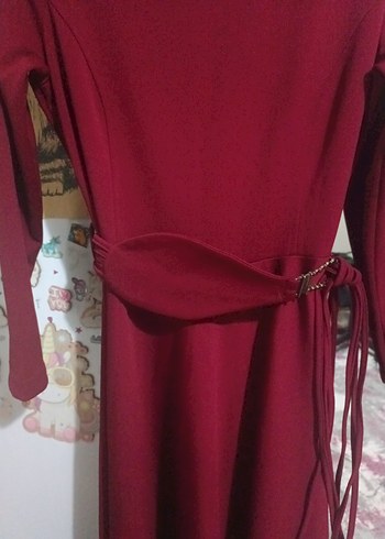 Bordo Kemerli Bohem Uzun Triko Elbise - Görsel 4