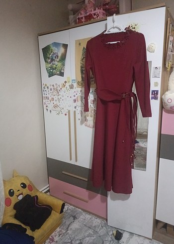 Bordo Kemerli Bohem Uzun Triko Elbise - Görsel 2