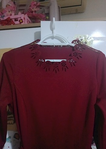 Bordo Kemerli Bohem Uzun Triko Elbise - Görsel 5