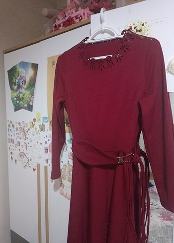 Bordo Kemerli Bohem Uzun Triko Elbise - Görsel 3