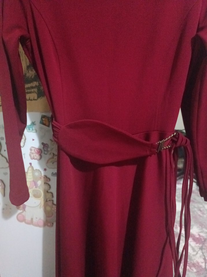 Bordo Kemerli Bohem Uzun Triko Elbise - Görsel 4