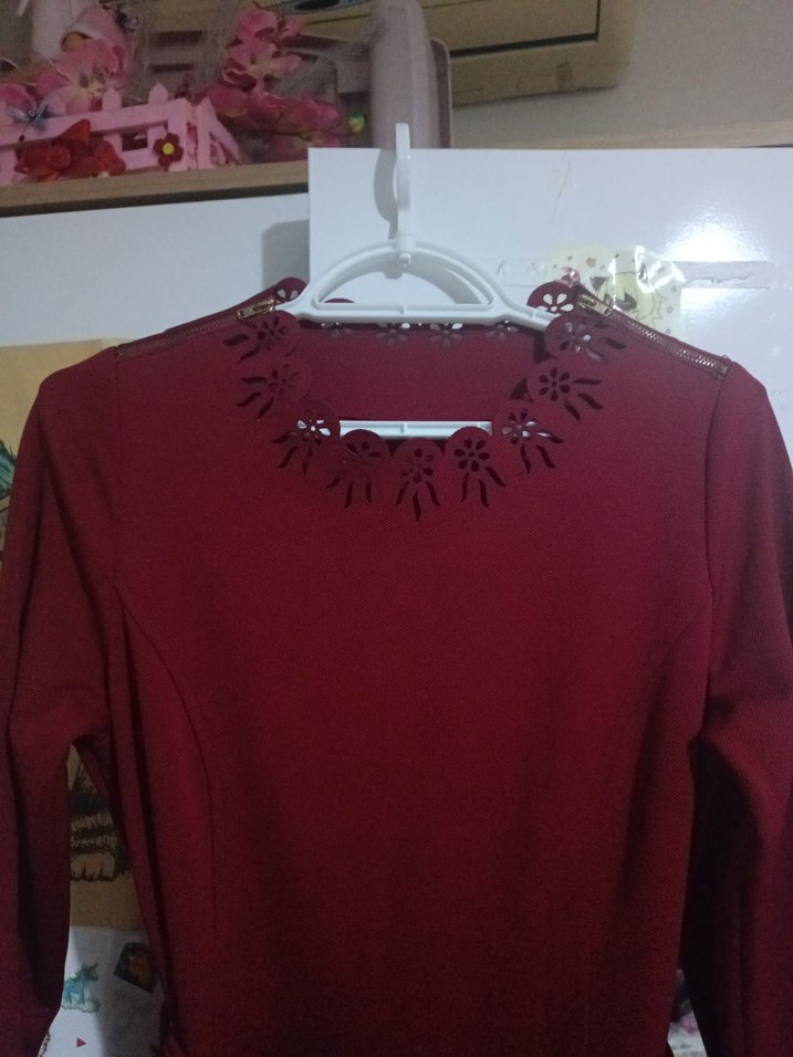 Bordo Kemerli Bohem Uzun Triko Elbise - Görsel 5