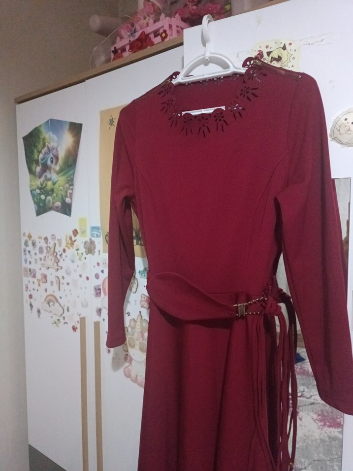 Bordo Kemerli Bohem Uzun Triko Elbise - Görsel 3