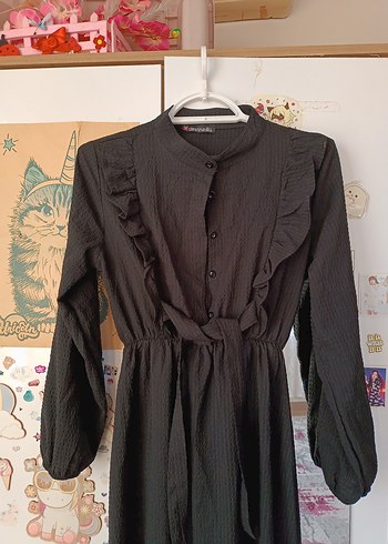 Uzun Kollu Siyah Keten Bohem Elbise - Görsel 2