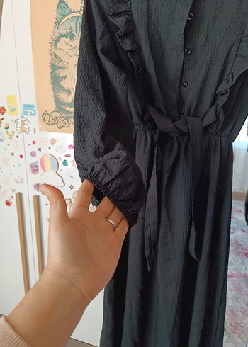 Uzun Kollu Siyah Keten Bohem Elbise - Görsel 3