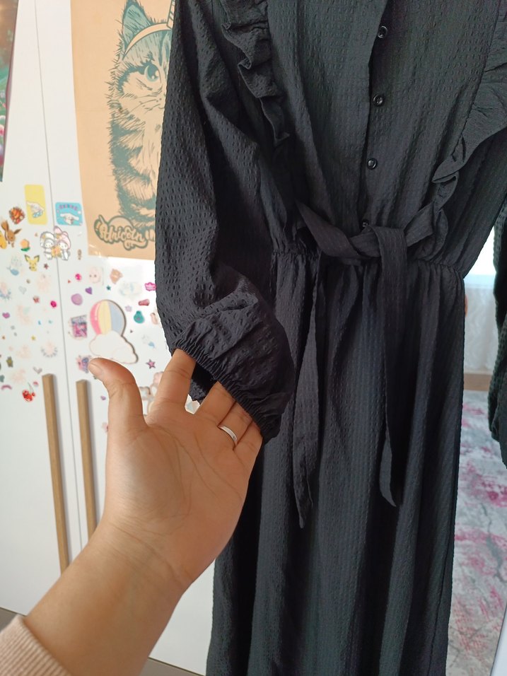 Uzun Kollu Siyah Keten Bohem Elbise - Görsel 3