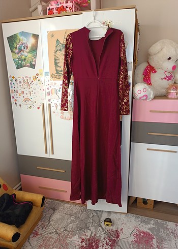 Bordo İşlemeli Uzun Kollu Bohem Elbise - Görsel 6