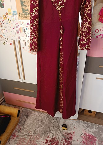 Bordo İşlemeli Uzun Kollu Bohem Elbise - Görsel 4