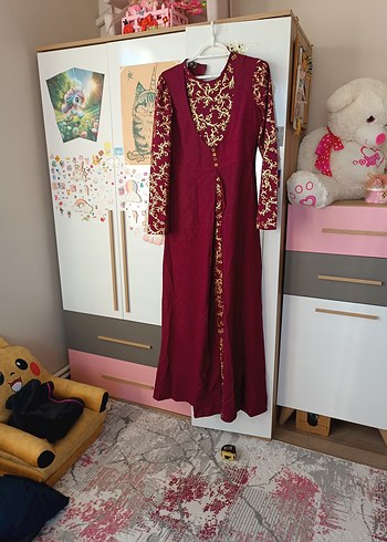 Bordo İşlemeli Uzun Kollu Bohem Elbise - Görsel 2