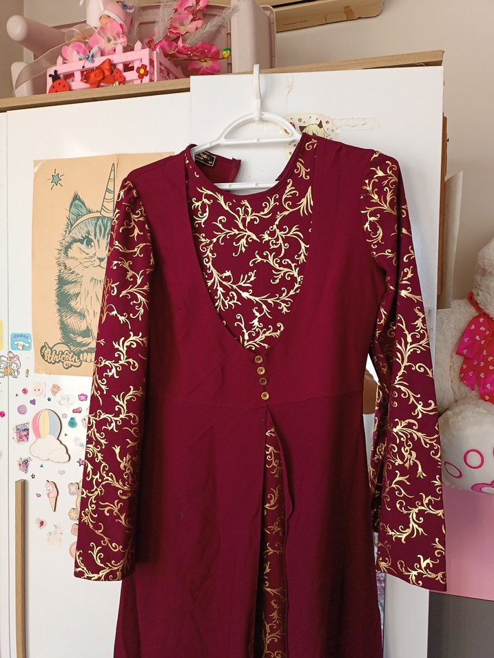 Bordo İşlemeli Uzun Kollu Bohem Elbise - Görsel 3