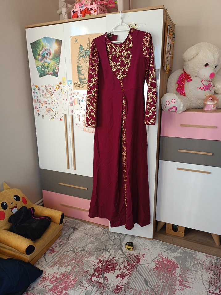 Bordo İşlemeli Uzun Kollu Bohem Elbise - Görsel 2