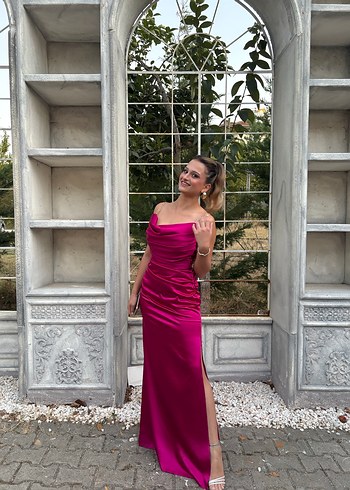 Pembe Drapeli Uzun Abiye Elbise