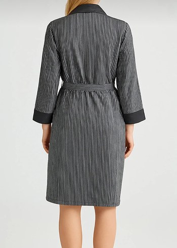 Çizgili Uzun Gri Kadın sabahlık - Görsel 4