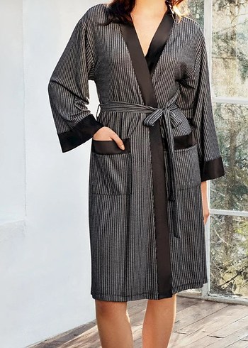 Çizgili Uzun Gri Kadın sabahlık - Görsel 3