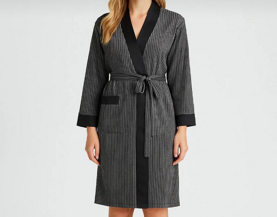 Çizgili Uzun Gri Kadın sabahlık - Görsel 2