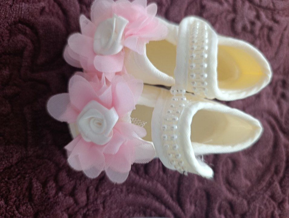 Beyaz Nakışlı Kız Bebek Panduf ve Bandana - Görsel 2