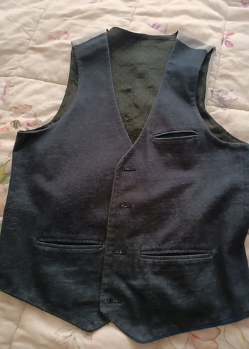 Düğmeli Koyu Gri Denim Yelek