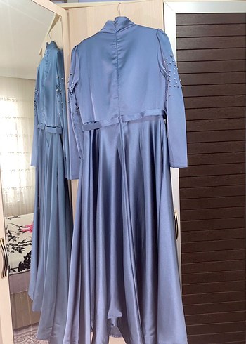 Uzun Kollu Mavi Kadın Abiye Elbise - Görsel 4