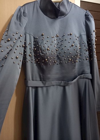 Uzun Kollu Mavi Kadın Abiye Elbise - Görsel 5