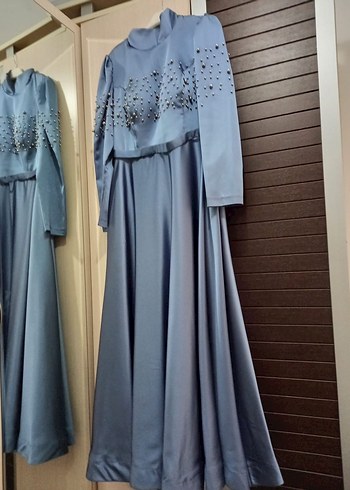 Uzun Kollu Mavi Kadın Abiye Elbise - Görsel 2