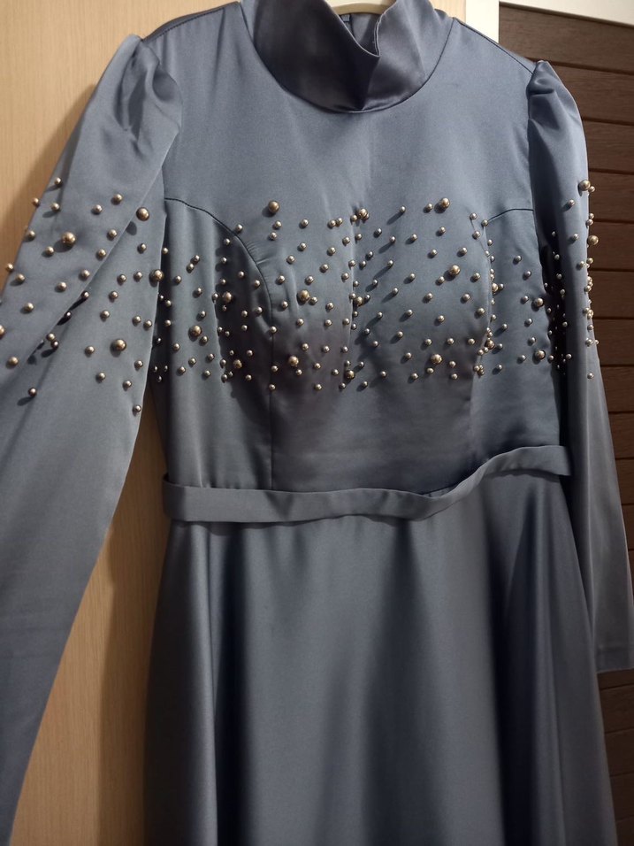 Uzun Kollu Mavi Kadın Abiye Elbise - Görsel 5