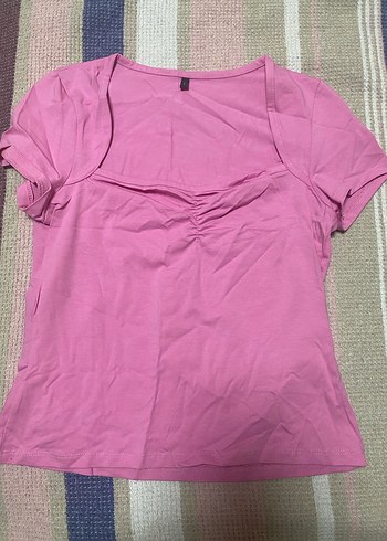 Pembe V Yaka Kısa Kollu Kadın Tişört - Görsel 2