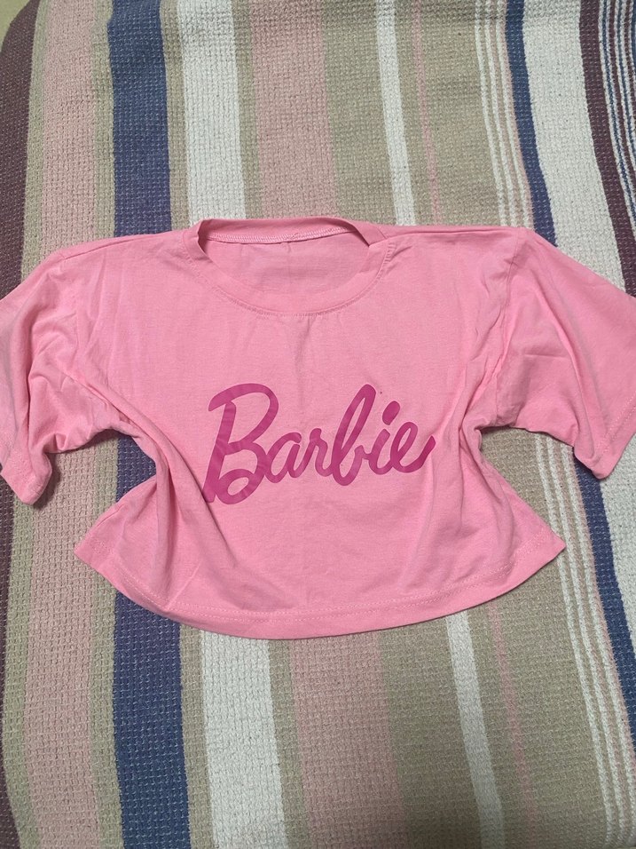 Pembe Barbie Desenli Kadın Crop Top - Görsel 2