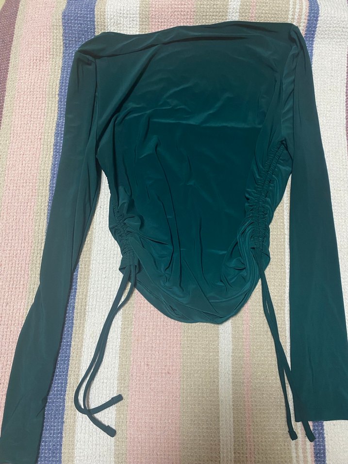 Drapeli, Yüksek Yakalı Yeşil Uzun Kollu Bluz - Görsel 2