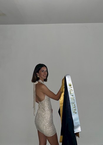 xs Beden Krem Mini Mezuniyet Elbisesi Kep atma
