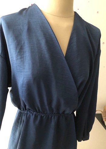 Drapeli V Yakalı Lacivert Kadın Bluz - Görsel 2