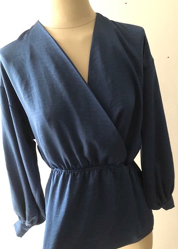 Drapeli V Yakalı Lacivert Kadın Bluz - Görsel 3