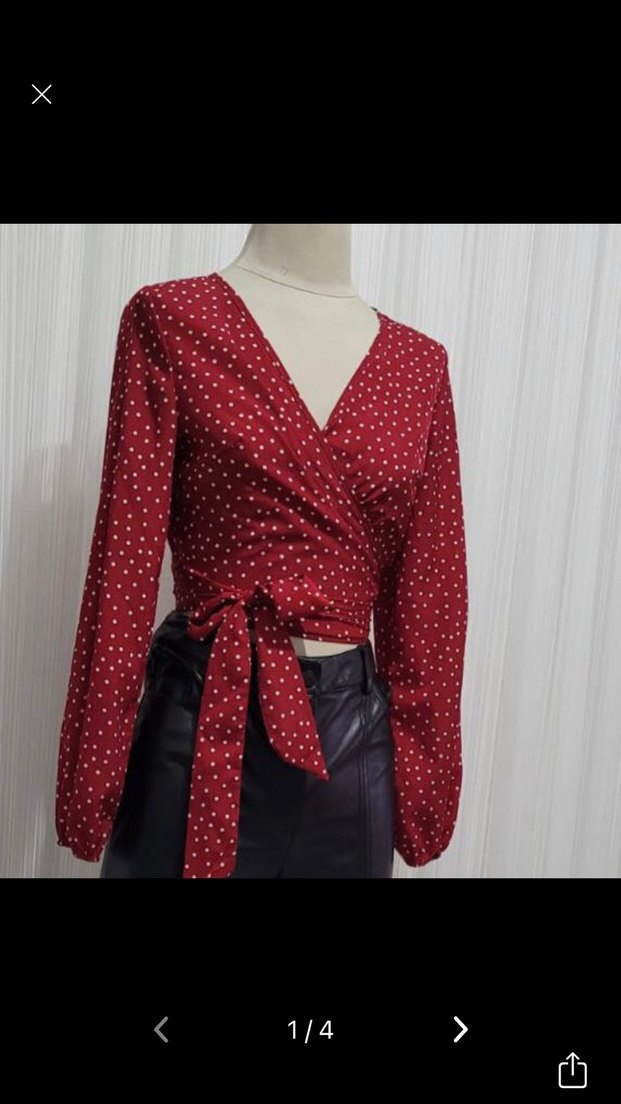 Shein Kırmızı Puantiyeli Kuşaklı V Yakalı Bluz - Görsel 3