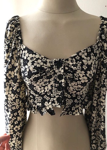 Düğmeli, Uzun Kollu, Çiçek Desenli Bohem Bluz - Görsel 2