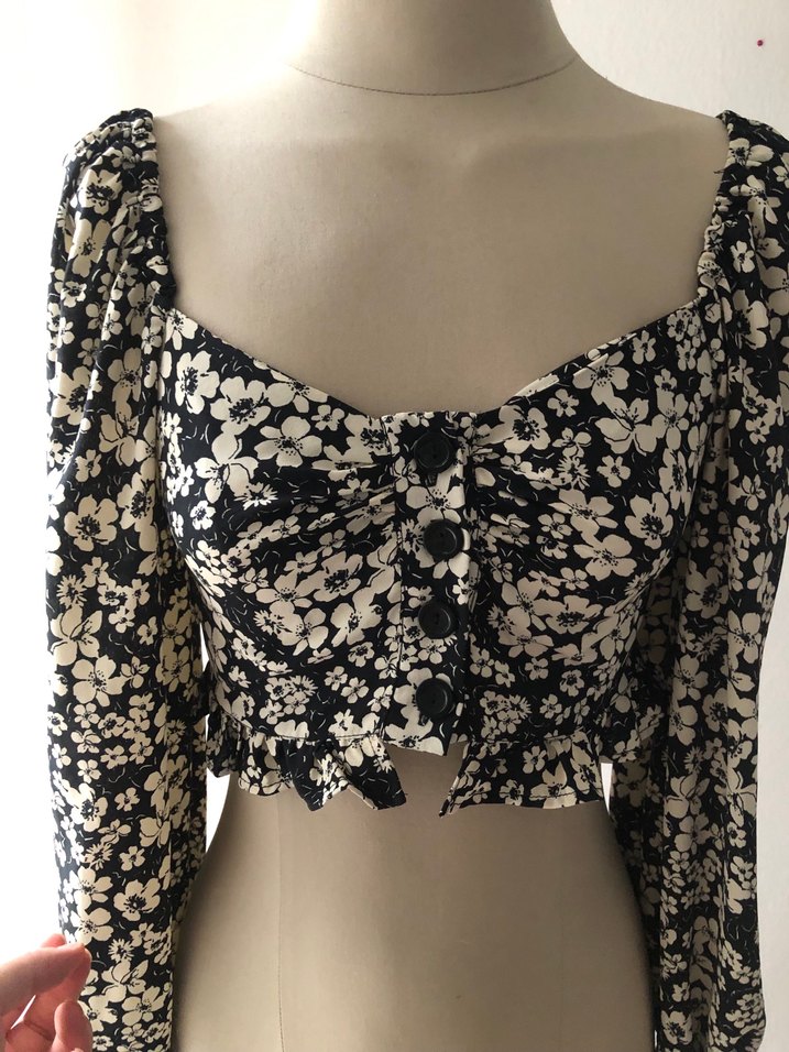 Düğmeli, Uzun Kollu, Çiçek Desenli Bohem Bluz - Görsel 2